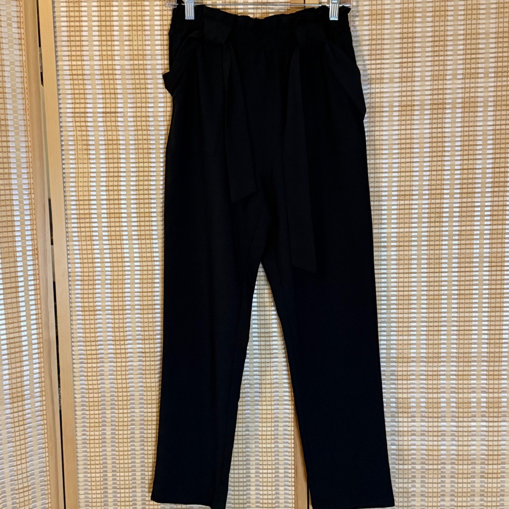 Grace Karin Black Paperbag Waist Tapered Pants Women Medium High Rise Tie Belt